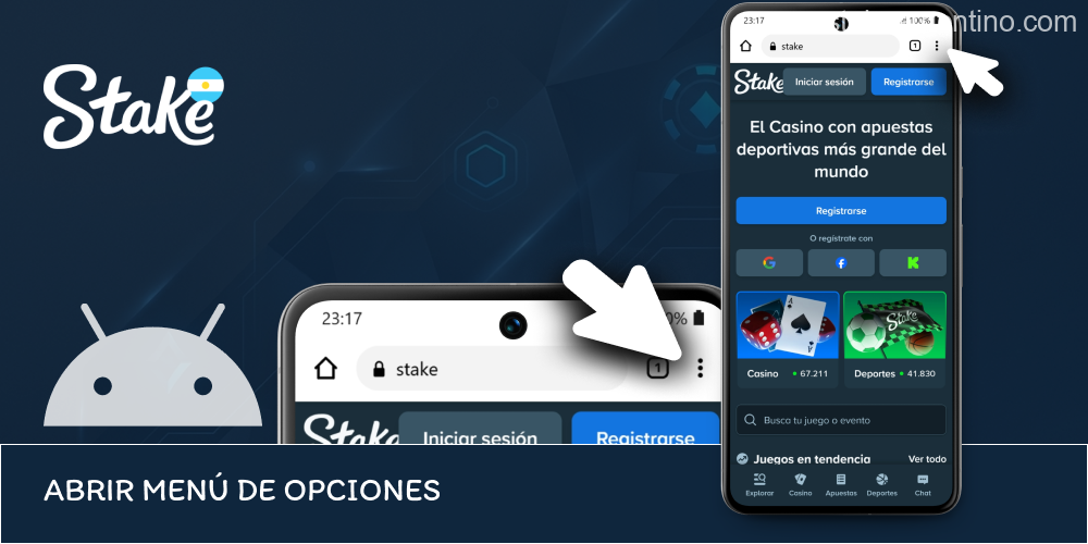 Menú rápido del navegador para Stake