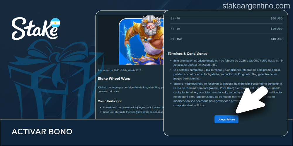 Activación de ofertas especiales en Stake