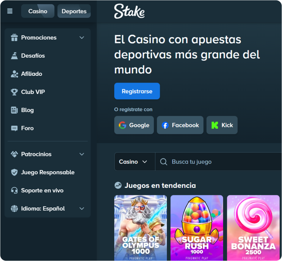 Captura de pantalla de la sección de casino de Stake