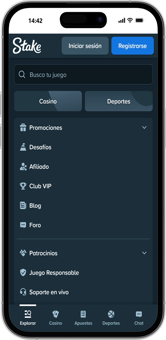 Captura de pantalla del menú móvil de Stake